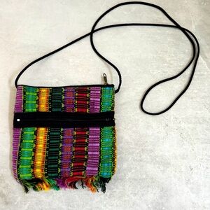Vintage crossbody pocket purse woven rainbow fringe black travel shoulder bag